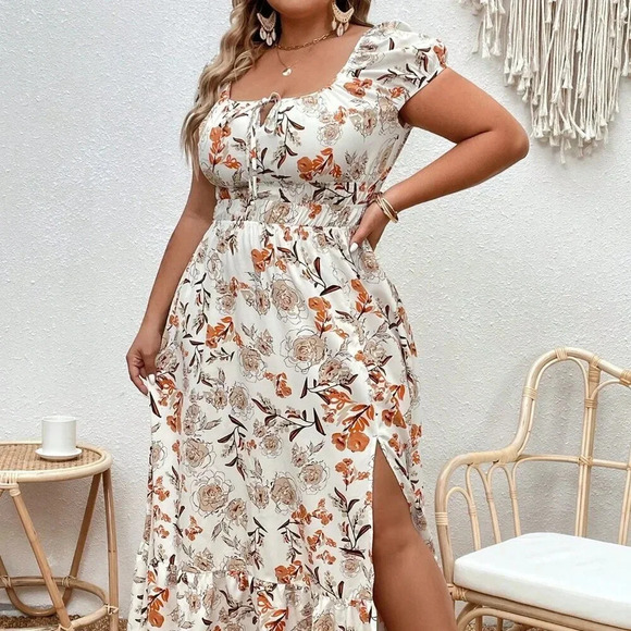 Multicolor Boho Women's Plus Allover Floral Print Ruffle Hem Split Thigh Dress - Picture 4 of 5